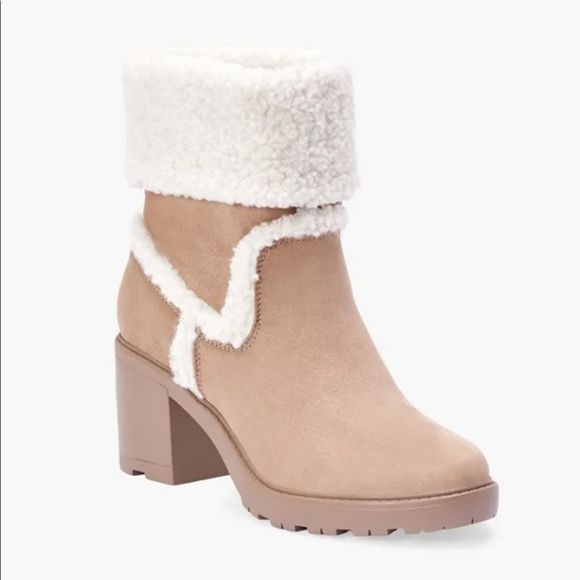 JustFab Taupe Ellie Faux Sherpa Trim Lug Sole Bootie - Picture 1 of 12